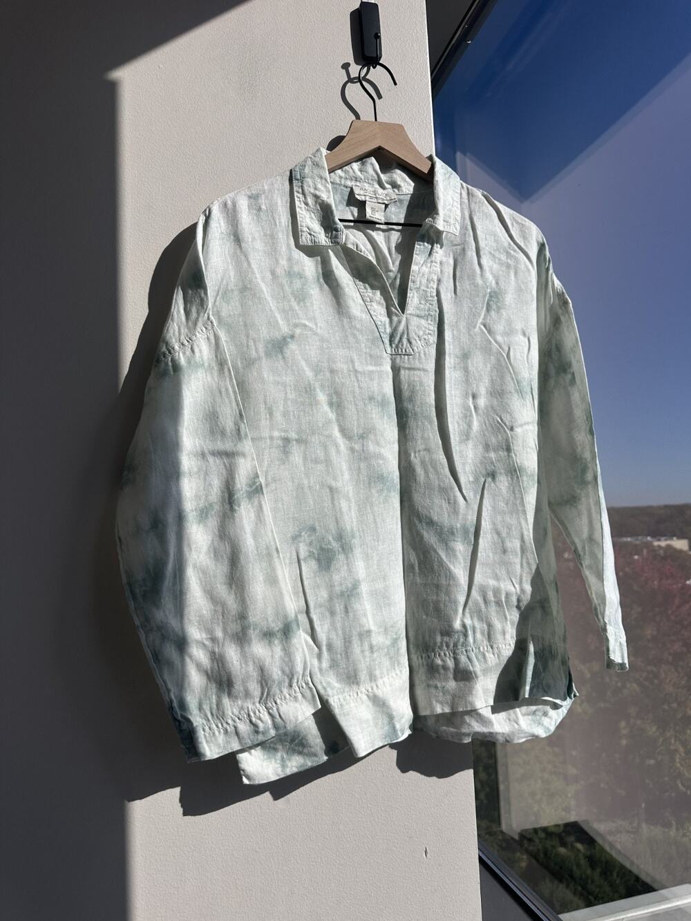 Rachel Zoe 100% Linen Tie Dye Popover Coastal Beach Blouse Sage Green Sz L